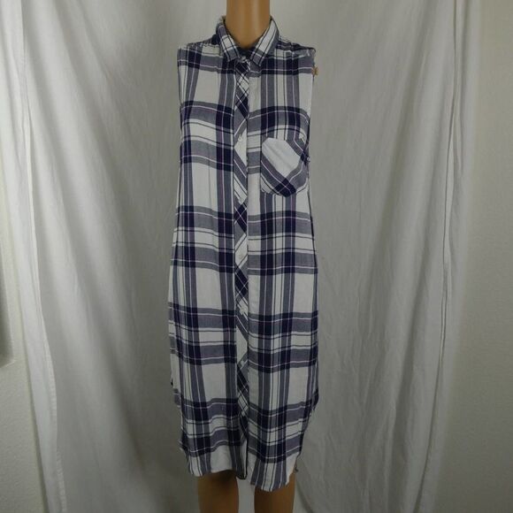 Rails Jordyn Plaid Split Tunic Tank Top Button Up Hi Low NWOT White Navy Orchid - Picture 2 of 12